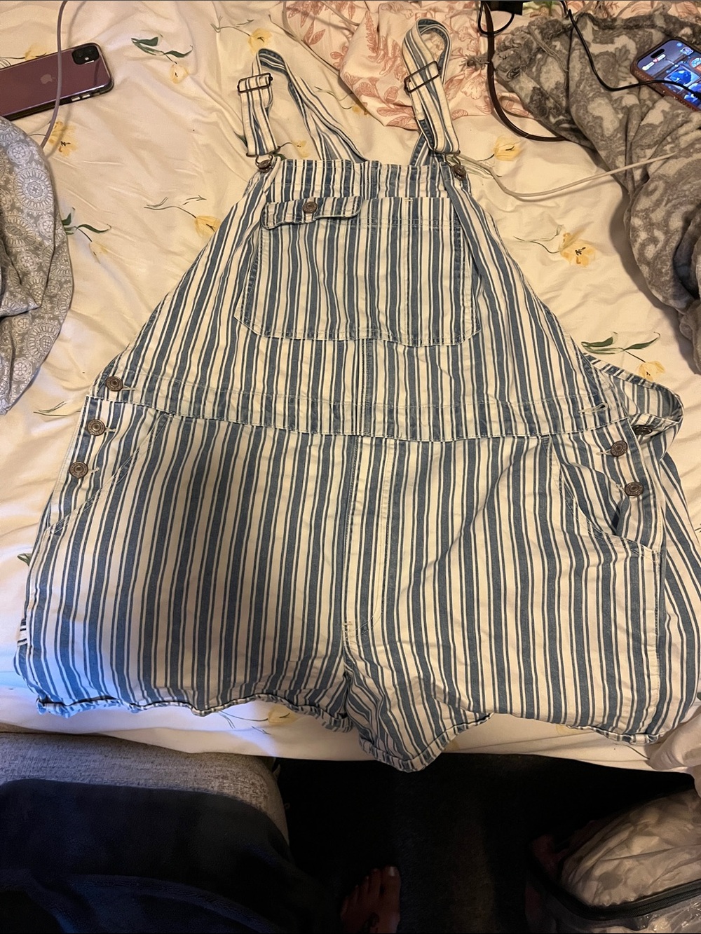 American Eagle Outfitters Blue and White Striped Short Overalls Romper